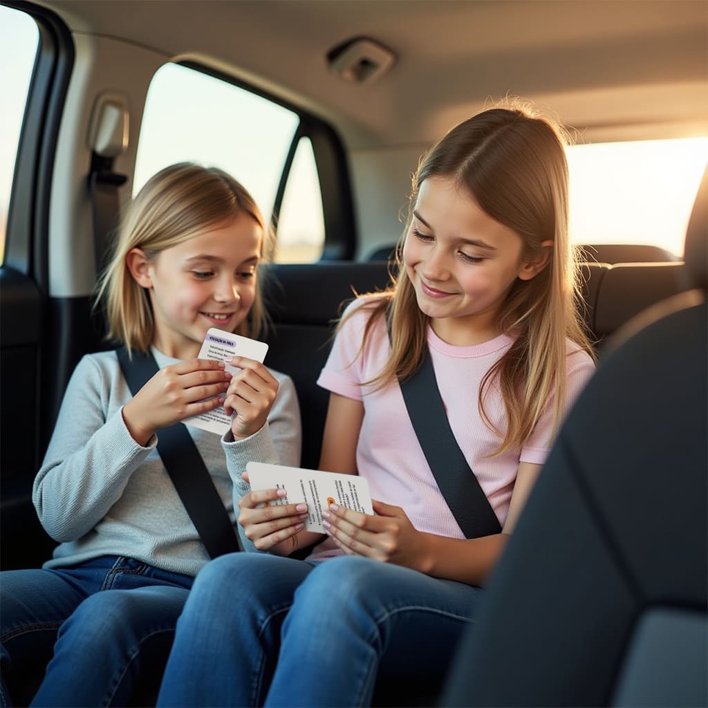 Duas meninas brincando com as cartas no carro
