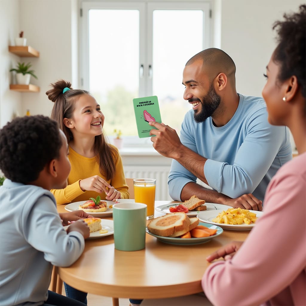 Família conversando à mesa com uma carta